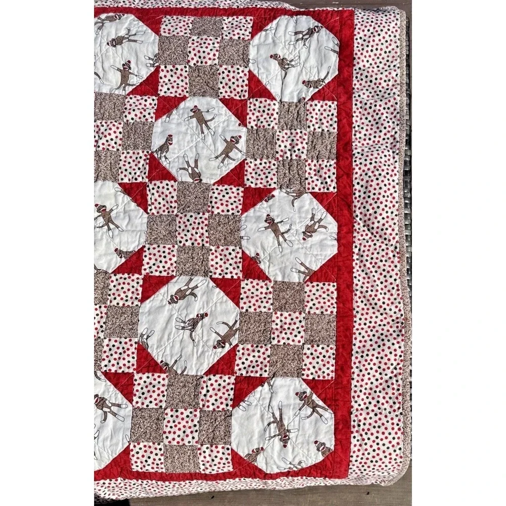 Handmade Sock Monkey/Polka‎ Dot, Square In Square Quilt 35